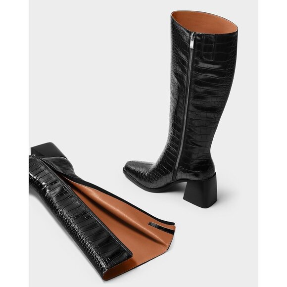 Women Crocodile Black Polyurethane Knee High Square Toe Block Heel Tall Boots - Picture 6 of 9